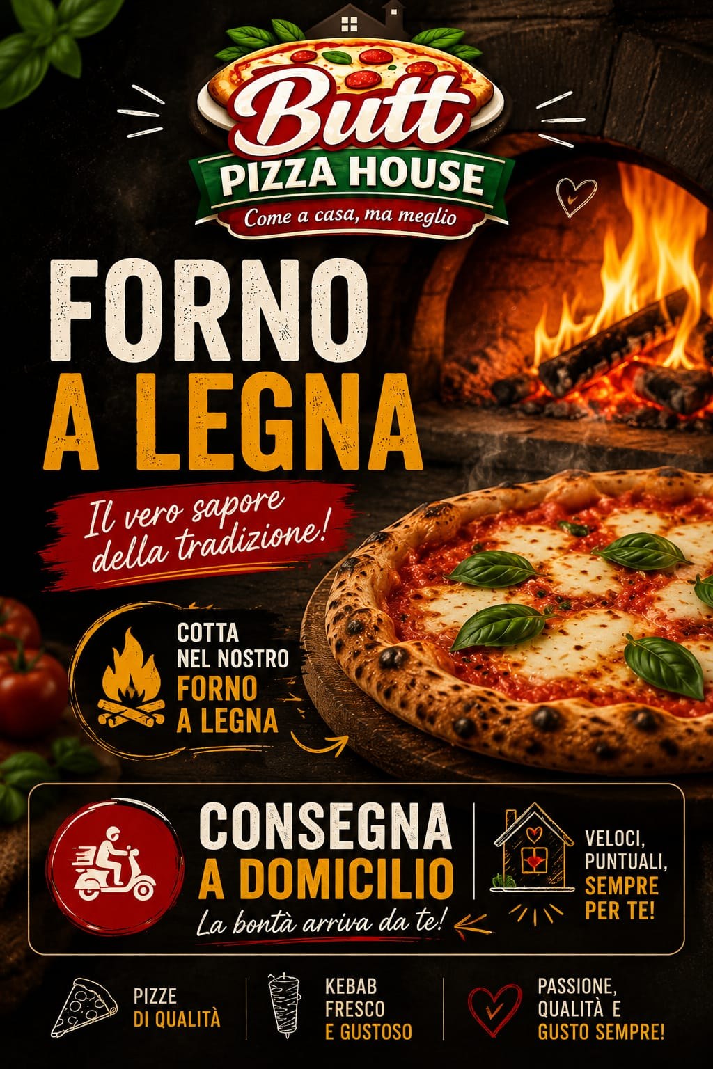 Locandina Butt Pizza House: margherita con basilico davanti alle fiamme, scritte Forno a legna e Consegna a domicilio
