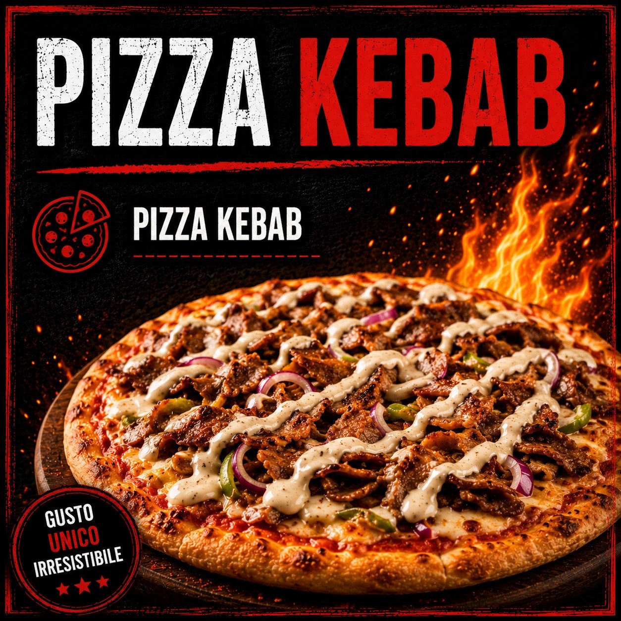 Grafica «Pizza Kebab, gusto unico irresistibile» con carne, cipolla rossa, peperoni, salsa bianca e fiamme