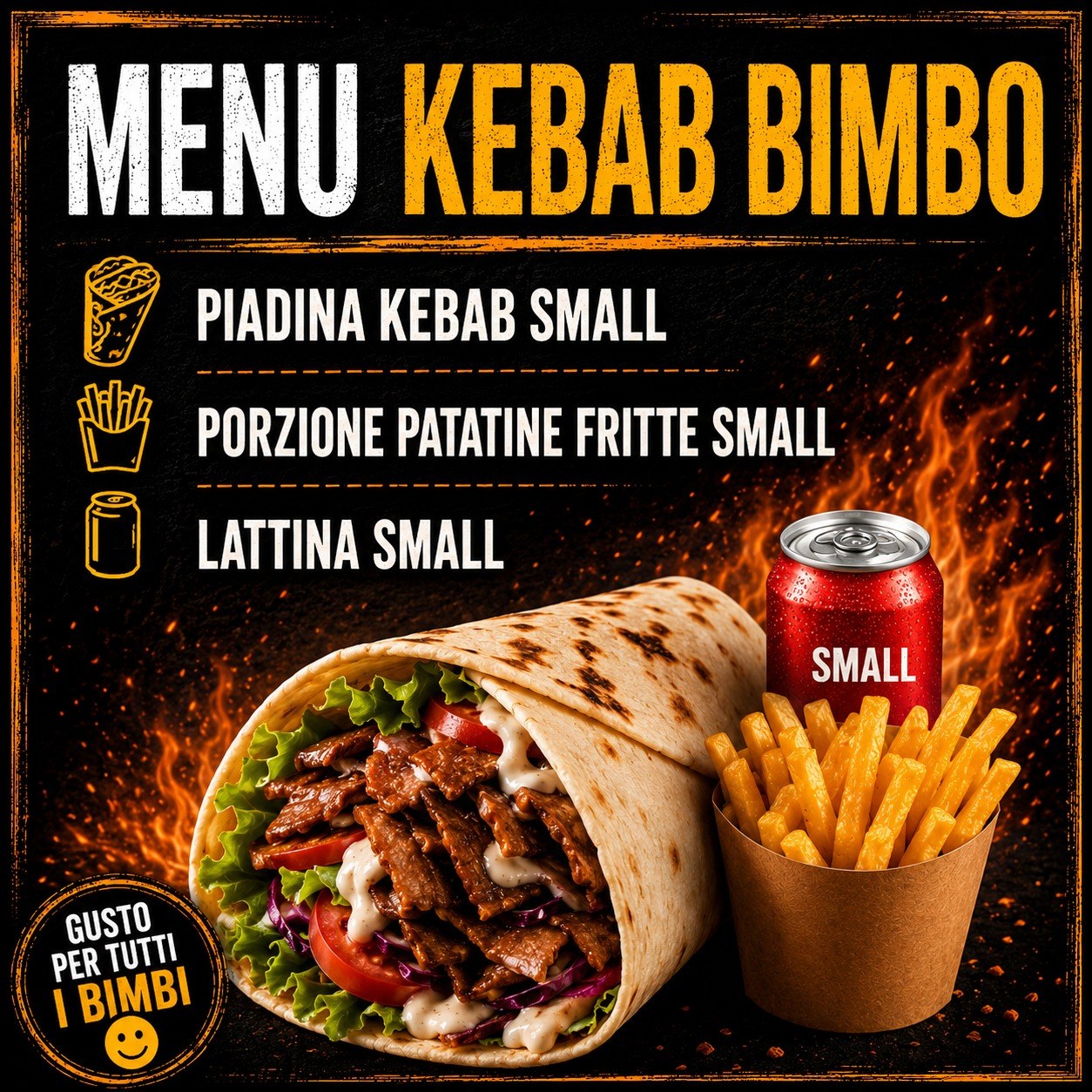 Grafica Menu Kebab Bimbo: piadina con carne, insalata, pomodoro e salsa, patatine in cartoccio e lattina rossa Small