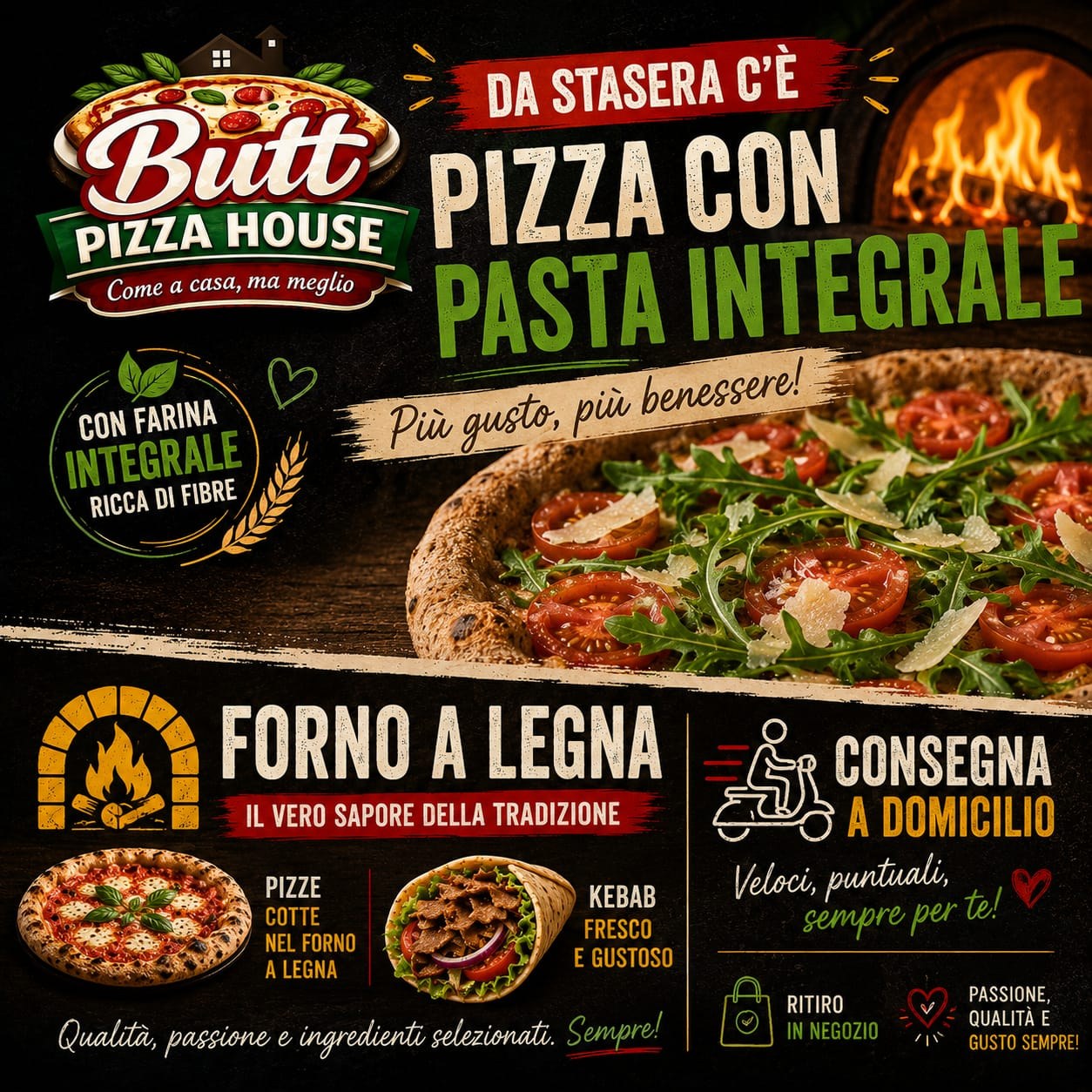 Volantino Butt Pizza House: novità impasto integrale con pomodorini, rucola e grana, più kebab e forno a legna